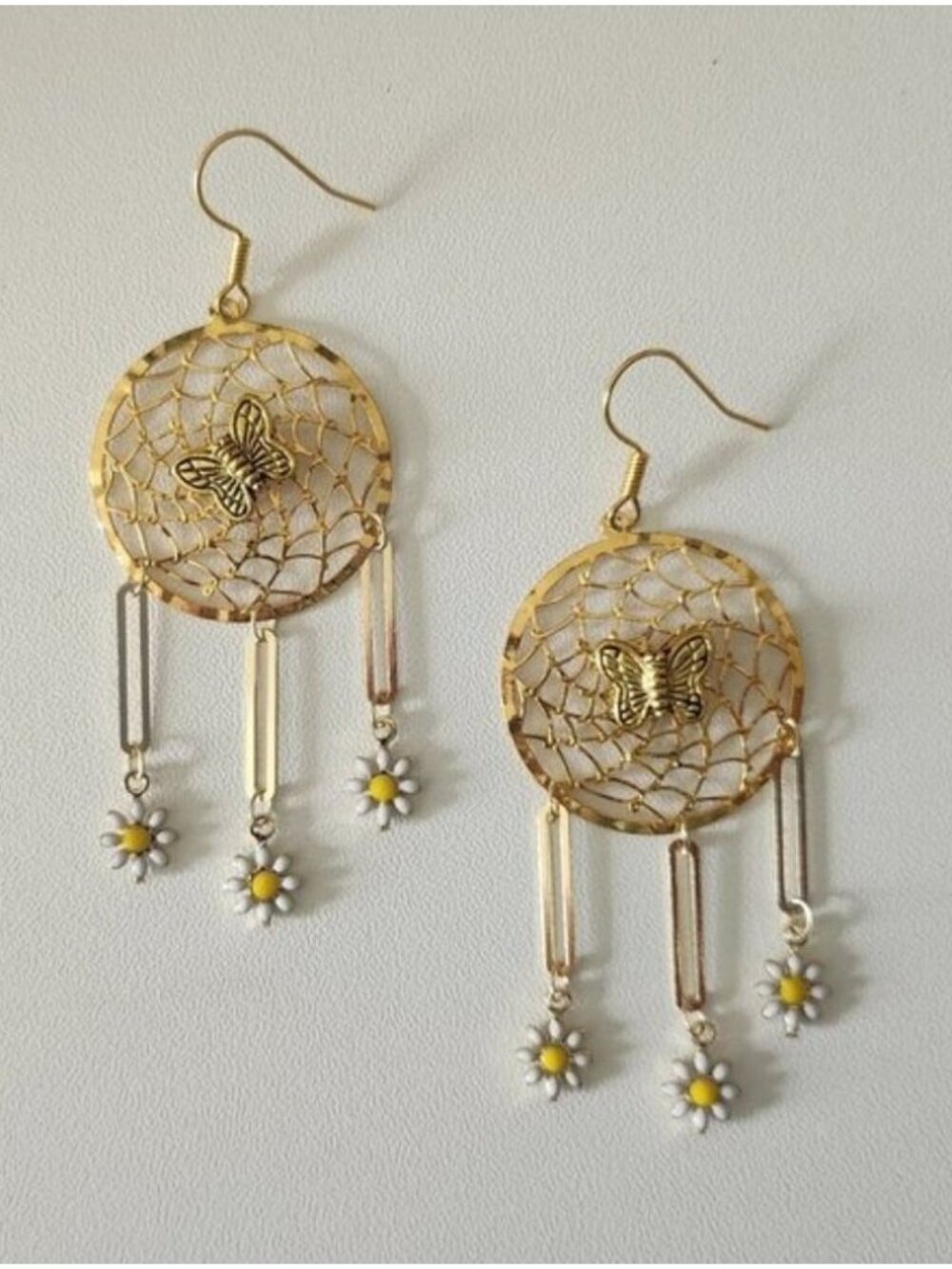 Golden Flutter By Butterfly Daisy Dangle Drop Dreamcatcher Earrings Handmade